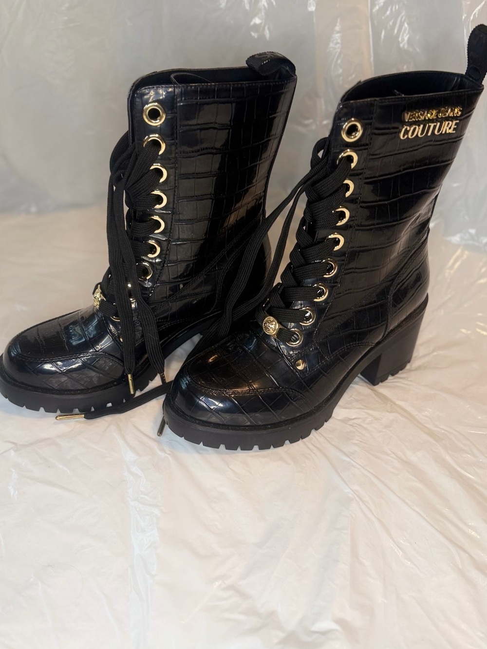 Versace Jeans Collection Women's Black Croc-Embossed Lace-Up Boots